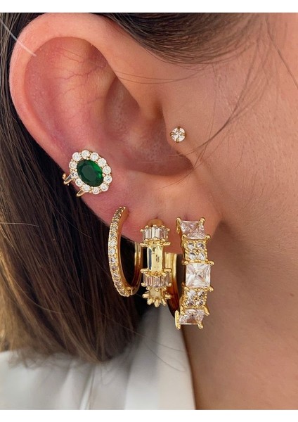 Zümrüt Taşlı Oval Minimal Kadın Earcuff Kıkırdak Küpe