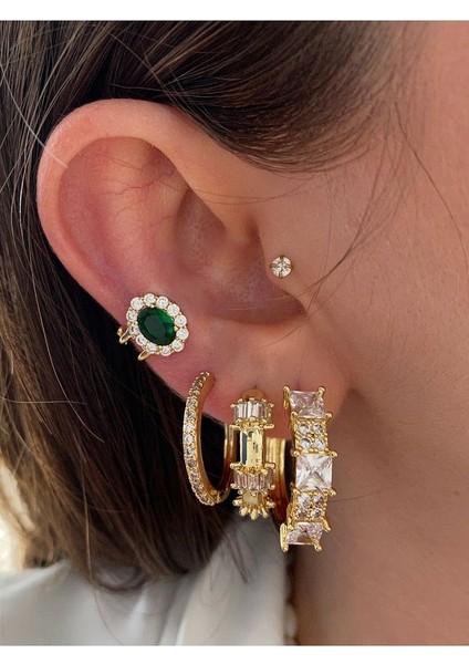 Zümrüt Taşlı Oval Minimal Kadın Earcuff Kıkırdak Küpe modelleri