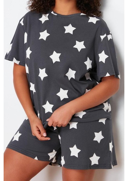 Büyük Beden Kadın Pamuklu Bisiklet Yaka Kısa Kol Yıldız Baskılı Örme Pijama Takımı