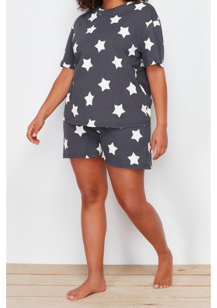 Büyük Beden Kadın Pamuklu Bisiklet Yaka Kısa Kol Yıldız Baskılı Örme Pijama Takımı fiyatları