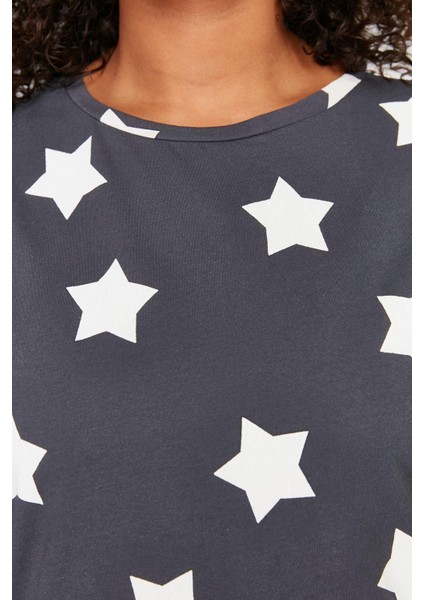 Büyük Beden Kadın Pamuklu Bisiklet Yaka Kısa Kol Yıldız Baskılı Örme Pijama Takımı fırsatları