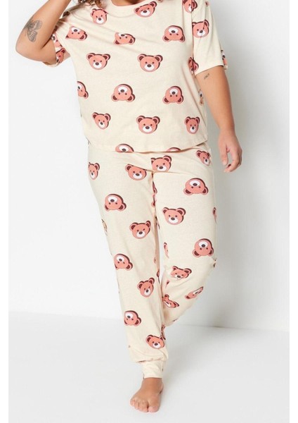 Büyük Beden Kadın Pamuklu Bisiklet Yaka Kısa Kol Ayıcık Desenli Örme Pijama Takımı