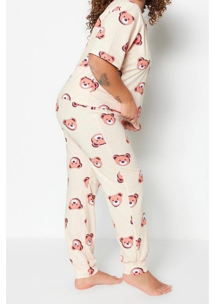 Büyük Beden Kadın Pamuklu Bisiklet Yaka Kısa Kol Ayıcık Desenli Örme Pijama Takımı fiyatları