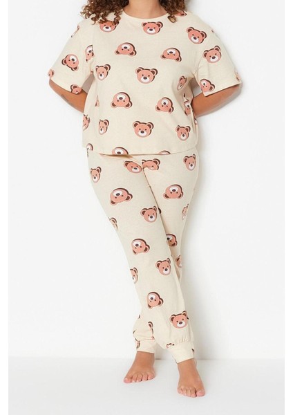 Büyük Beden Kadın Pamuklu Bisiklet Yaka Kısa Kol Ayıcık Desenli Örme Pijama Takımı modelleri