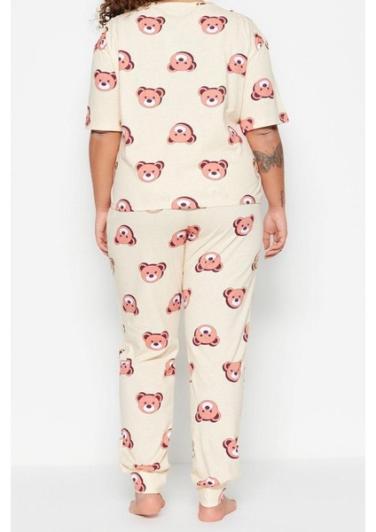 Büyük Beden Kadın Pamuklu Bisiklet Yaka Kısa Kol Ayıcık Desenli Örme Pijama Takımı fırsatları