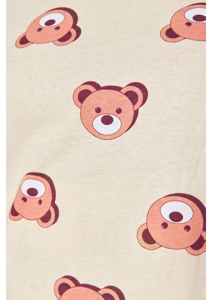 Büyük Beden Kadın Pamuklu Bisiklet Yaka Kısa Kol Ayıcık Desenli Örme Pijama Takımı indirimleri