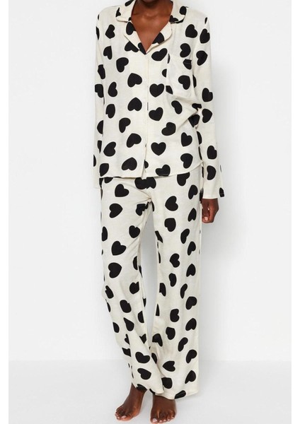 Kadın Viskon Gömlek Yaka Uzun Kol Kalpli Viskon Gömlek-Pantolon Dokuma Pijama Takımı