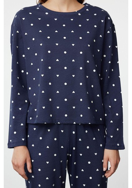 Kadın Pamuklu Bisiklet Yaka Uzun Kol Pamuk Puantiye ve Kalp Desenli Örme Pijama Takımı modelleri