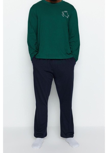 Büyük Beden Erkek Pamuklu Bisiklet Yaka Uzun Kol Nakışlı Örme Pijama Takımı