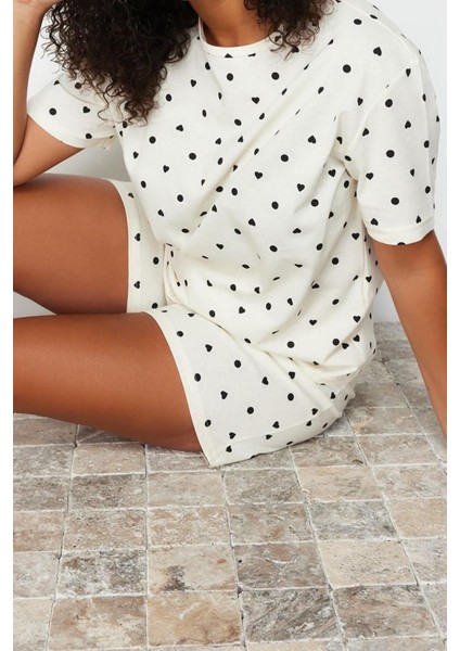Büyük Beden Kadın Pamuklu Bisiklet Yaka Kısa Kol Kalp Desenli Örme Pijama Takımı fırsatları