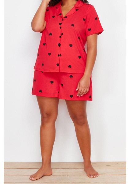Büyük Beden Kadın Pamuklu Gömlek Yaka Kısa Kol Kalp Desenli Örme Pijama Takımı fiyatları