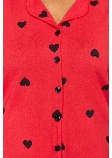 Büyük Beden Kadın Pamuklu Gömlek Yaka Kısa Kol Kalp Desenli Örme Pijama Takımı fırsatları