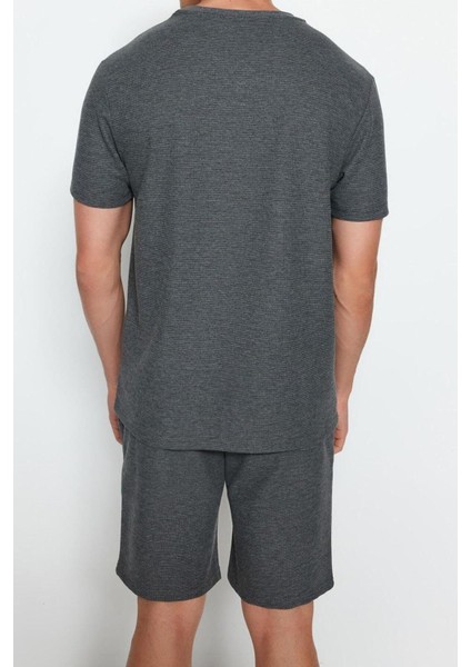 Erkek Pamuklu Bisiklet Yaka Kısa Kol Regular Fit Dokulu Örme Şortlu Pijama Takımı
