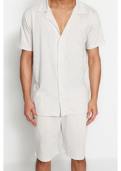 Erkek Pamuk Polyester Gömlek Yaka Kısa Kol Regular Fit Gömlek Yaka Örme Yazlık Şortlu Pijama Takımı