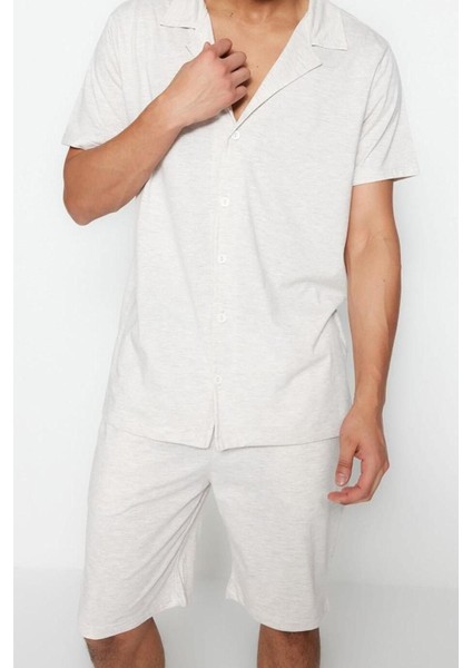 Erkek Pamuk Polyester Gömlek Yaka Kısa Kol Regular Fit Gömlek Yaka Örme Yazlık Şortlu Pijama Takımı