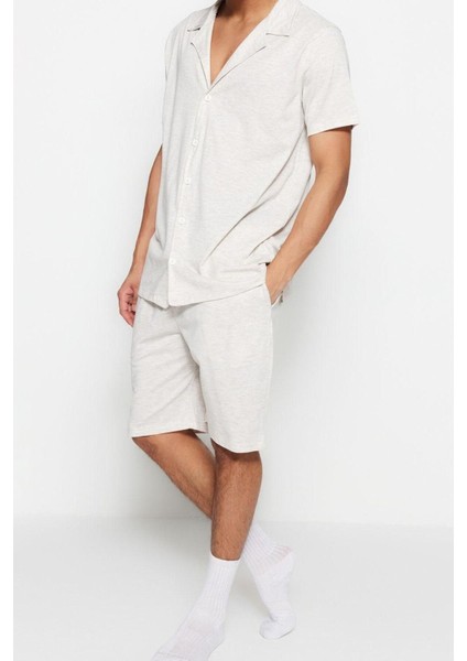 Erkek Pamuk Polyester Gömlek Yaka Kısa Kol Regular Fit Gömlek Yaka Örme Yazlık Şortlu Pijama Takımı