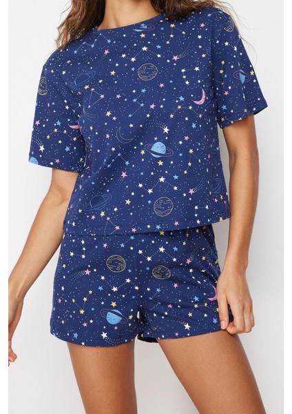 Kadın Pamuk Bisiklet Yaka Kısa Kol Pamuk Galaksi Desenli Örme Pijama Takımı