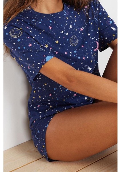 Kadın Pamuk Bisiklet Yaka Kısa Kol Pamuk Galaksi Desenli Örme Pijama Takımı
