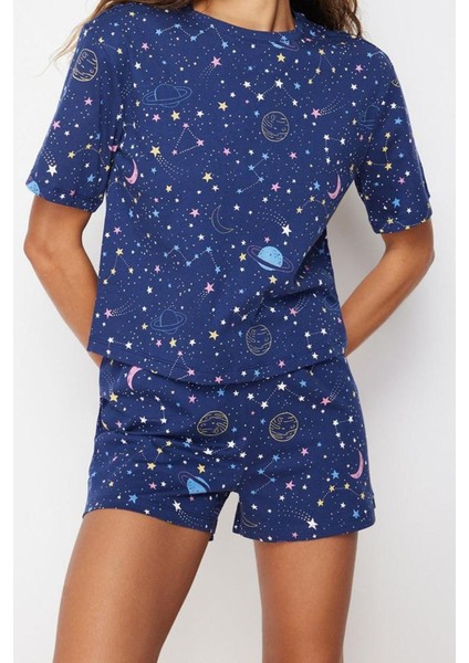 Kadın Pamuk Bisiklet Yaka Kısa Kol Pamuk Galaksi Desenli Örme Pijama Takımı