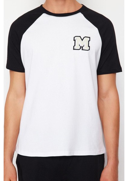 Erkek Pamuk Bisiklet Yaka Kısa Kol Beyaz Nakışlı Reglan Kol Örme Şortlu Pijama Takımı fırsatları