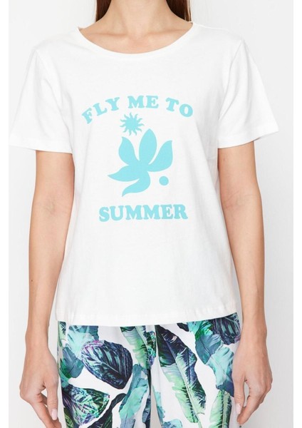 Kadın Pamuklu Bisiklet Yaka Kısa Kol Pamuklu Çiçekli Örme Pijama Takımı