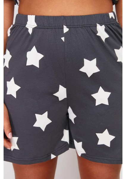 Büyük Beden Kadın Pamuklu Bisiklet Yaka Kısa Kol Yıldız Baskılı Örme Pijama Takımı indirimleri