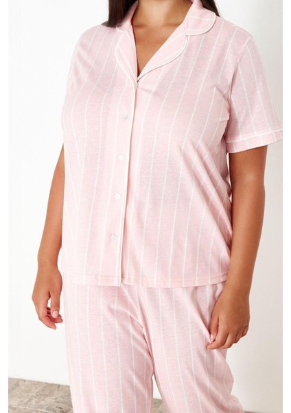 Büyük Beden Kadın Pamuk Gömlek Yaka Kısa Kol Çizgili Gömlek Yaka Örme Pijama Takımı modelleri