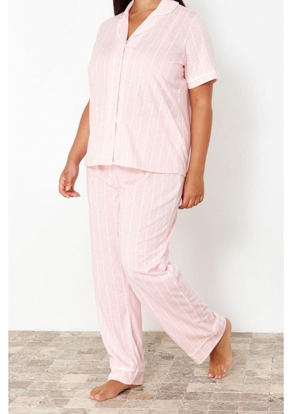 Büyük Beden Kadın Pamuk Gömlek Yaka Kısa Kol Çizgili Gömlek Yaka Örme Pijama Takımı fiyatları