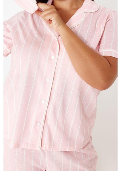 Büyük Beden Kadın Pamuk Gömlek Yaka Kısa Kol Çizgili Gömlek Yaka Örme Pijama Takımı fırsatları