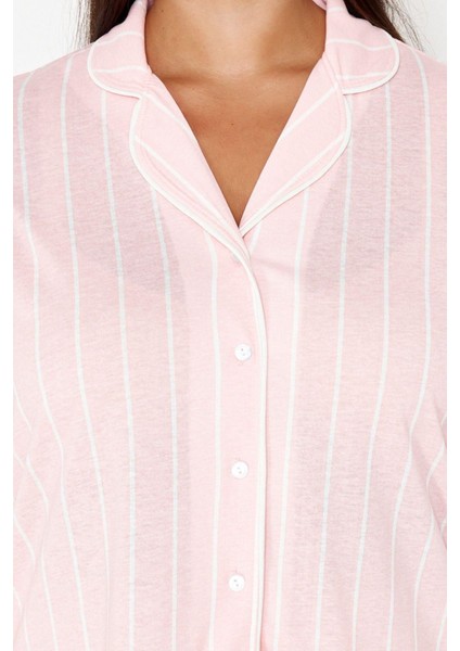 Büyük Beden Kadın Pamuk Gömlek Yaka Kısa Kol Çizgili Gömlek Yaka Örme Pijama Takımı indirimleri