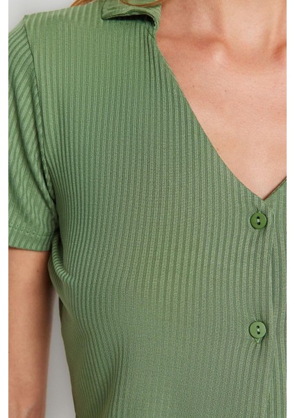 Kadın Polyester V Yaka Kısa Kol Fitilli Crop T-Shirt-Şort Örme Pijama Takımı
