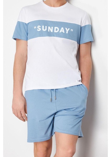 Erkek Pamuk Bisiklet Yaka Kısa Kol Regular Fit Slogan Baskılı Örme Şortlu Pijama Takımı