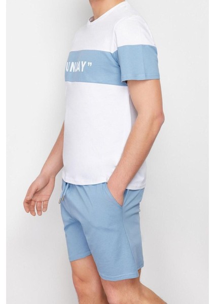 Erkek Pamuk Bisiklet Yaka Kısa Kol Regular Fit Slogan Baskılı Örme Şortlu Pijama Takımı