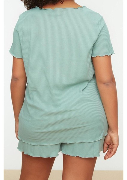 Büyük Beden Kadın Polyester Karışımlı Bisiklet Yaka Kısa Kol Örme Pijama Takımı indirimleri