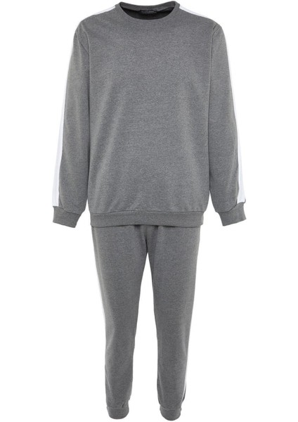 Erkek Pamuklu Bisiklet Yaka Uzun Kol Yanları Şeritli Örme Pijama Takımı