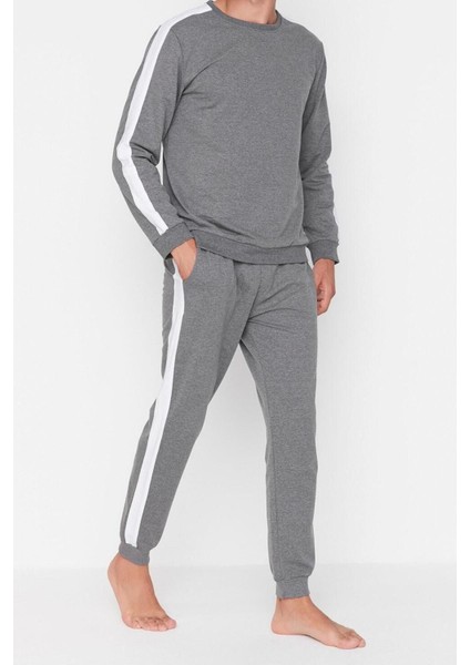 Erkek Pamuklu Bisiklet Yaka Uzun Kol Yanları Şeritli Örme Pijama Takımı