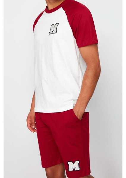 Erkek Pamuk Bisiklet Yaka Kısa Kol Ekru Nakışlı Reglan Kol Örme Şortlu Pijama Takımı