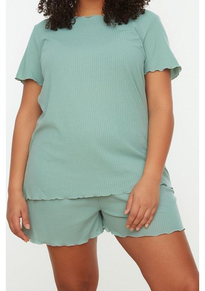 Büyük Beden Kadın Polyester Karışımlı Bisiklet Yaka Kısa Kol Örme Pijama Takımı