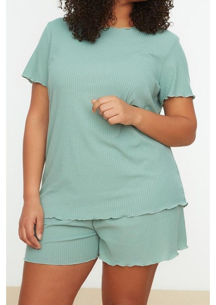 Büyük Beden Kadın Polyester Karışımlı Bisiklet Yaka Kısa Kol Örme Pijama Takımı