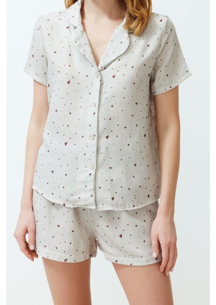 Kadın Pamuk Gömlek Yaka Kısa Kol Pamuk Kalp Desenli Müslin Dokuma Pijama Takımı