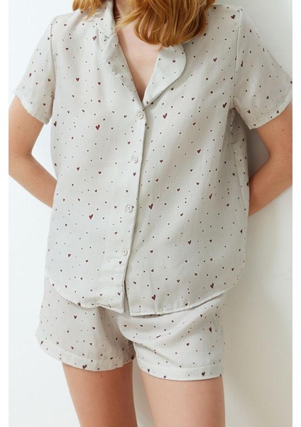 Kadın Pamuk Gömlek Yaka Kısa Kol Pamuk Kalp Desenli Müslin Dokuma Pijama Takımı fiyatları