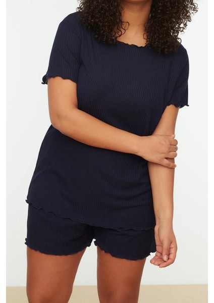 Büyük Beden Kadın Polyester Karışımlı Bisiklet Yaka Kısa Kol Bisiklet Yaka Örme Pijama Takımı