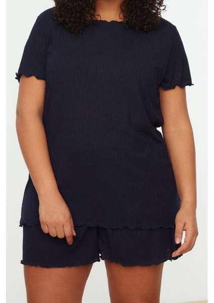 Büyük Beden Kadın Polyester Karışımlı Bisiklet Yaka Kısa Kol Bisiklet Yaka Örme Pijama Takımı