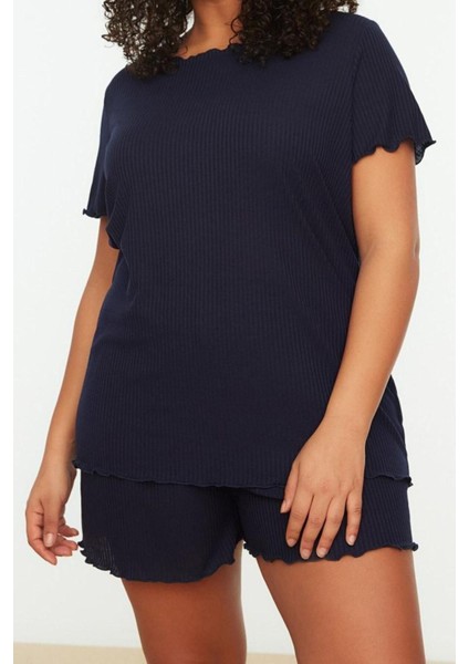 Büyük Beden Kadın Polyester Karışımlı Bisiklet Yaka Kısa Kol Bisiklet Yaka Örme Pijama Takımı