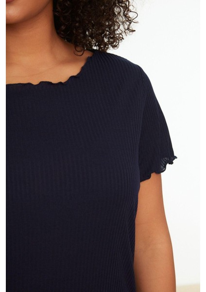 Büyük Beden Kadın Polyester Karışımlı Bisiklet Yaka Kısa Kol Bisiklet Yaka Örme Pijama Takımı