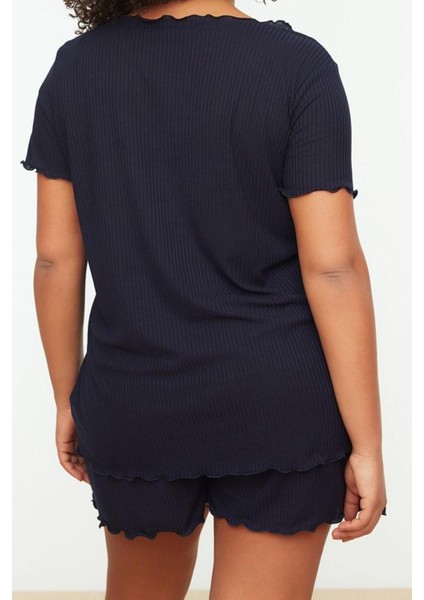 Büyük Beden Kadın Polyester Karışımlı Bisiklet Yaka Kısa Kol Bisiklet Yaka Örme Pijama Takımı