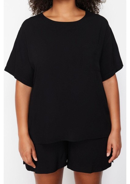 Büyük Beden Kadın Viskon Bisiklet Yaka Kısa Kol Bisiklet Yaka Dokuma Pijama Takımı