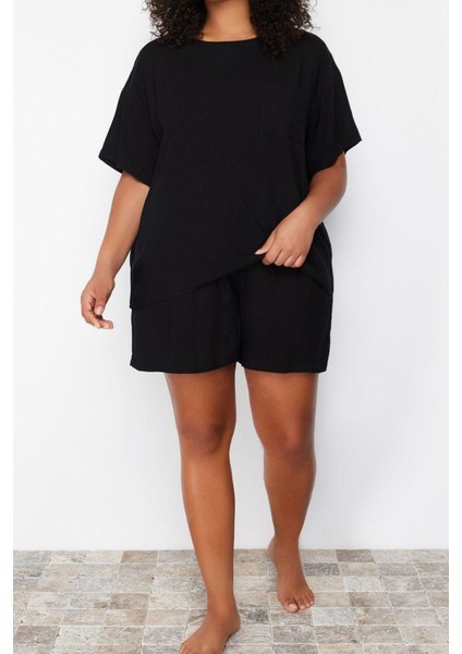 Büyük Beden Kadın Viskon Bisiklet Yaka Kısa Kol Bisiklet Yaka Dokuma Pijama Takımı fiyatları
