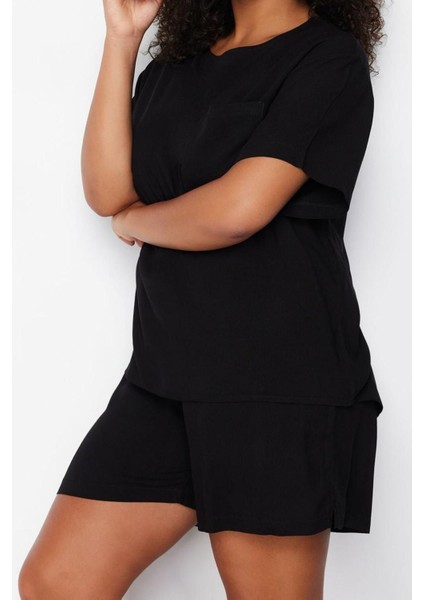 Büyük Beden Kadın Viskon Bisiklet Yaka Kısa Kol Bisiklet Yaka Dokuma Pijama Takımı fırsatları