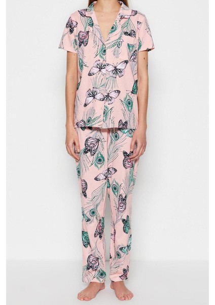 Kadın Pamuk Gömlek Yaka Kısa Kol Pamuk Kelebek Desenli Gömlek-Pantolon Örme Pijama Takımı